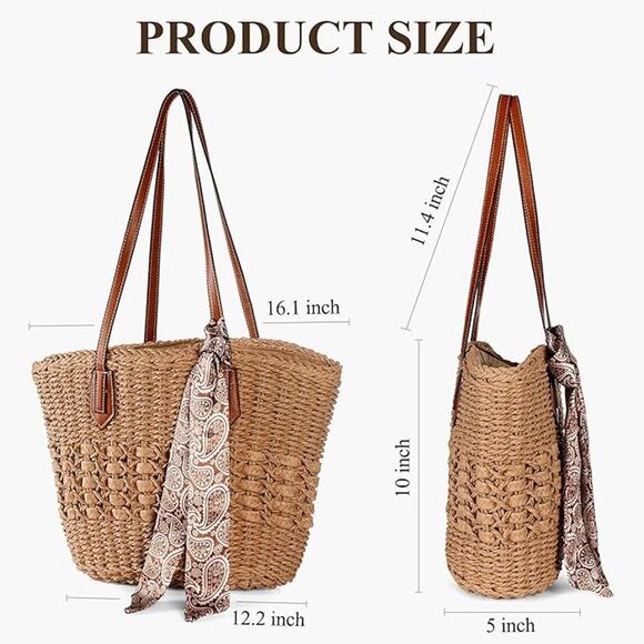 New Trifabricy (no sash) Tan Woven Straw Double Handle Shoulder Purse Handbag - Picture 3 of 6